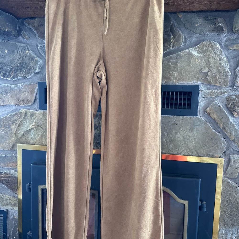 NY Jeans Velour Lounge Pants Women’s M Y2K Drawstring Wide Leg Tan